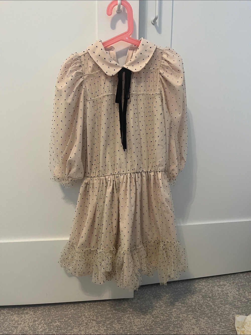 Girls Cream Polka Dot Chiffon Dress with Black Ribbon